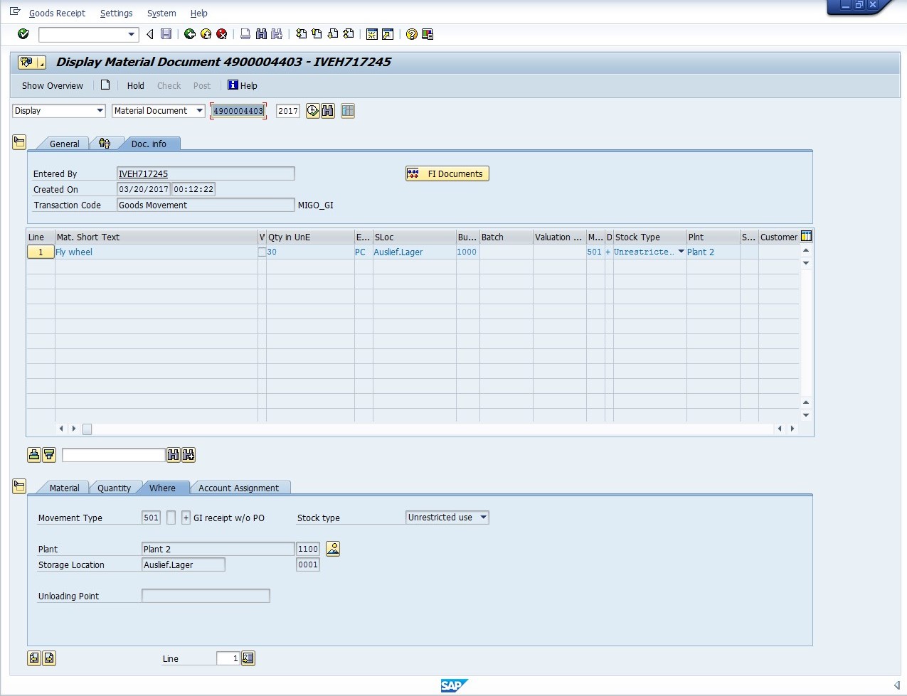 SAP Material Document Display