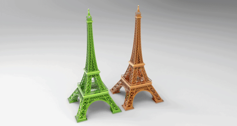 A moving gif of two 3d models of the Eiffel tower circling on a white background