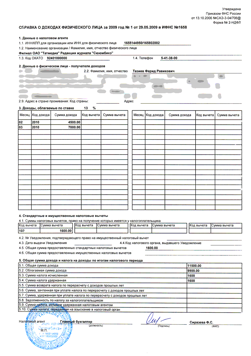 Образец 2 ндфл за последние 6 месяцев образец